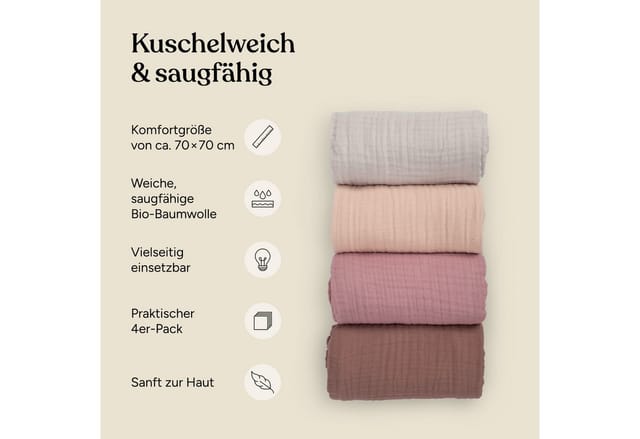 Ehrenkind Spucktuch Mulltücher-Set aus saugfähiger Musselin Bio-Baumwolle, (Sprucktücher Baby im 4er Set, Musselintücher Baby 70x70 cm), viele Einsatzmöglichkeiten wie Stoffwindeleinlage
