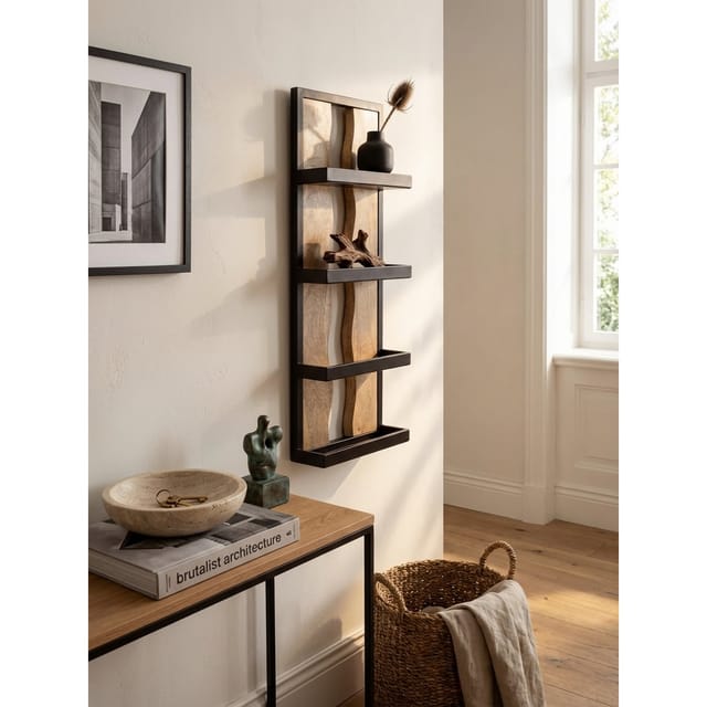 KADIMA DESIGN Wandregal Wandregal 30x80x10 cm Mango Massivholz / Metall Hängeregal, Holzregal Wand mit 4 Ablagen & Wellenmuster, Industrial, Design Schweberegal Rechteckig, Regal Hängend Wohnzimmer