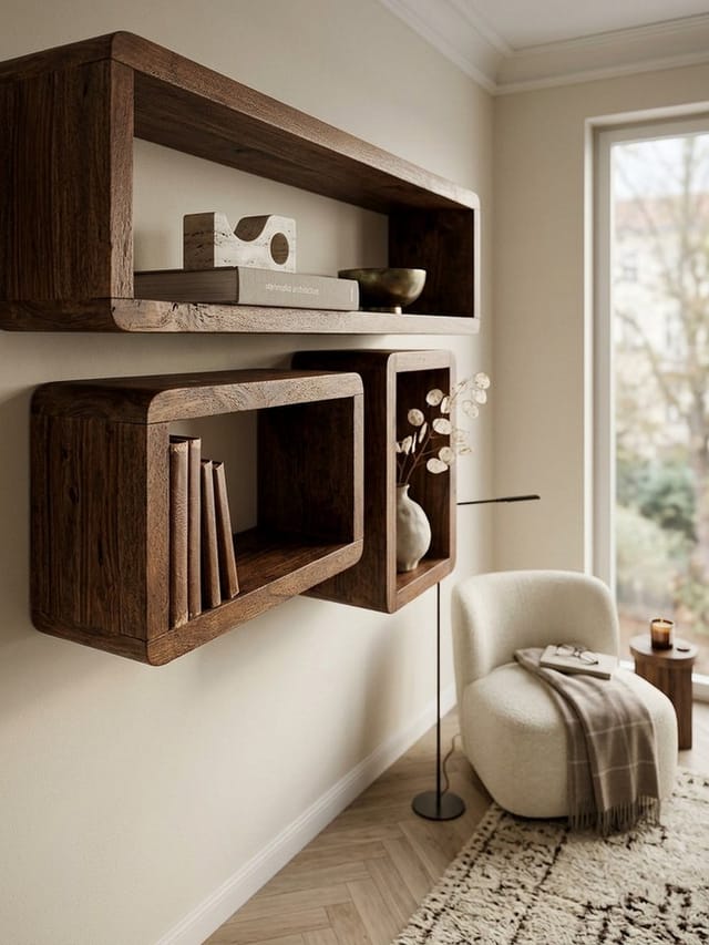 KADIMA DESIGN Wandregal Design Wandregal 3er Set BOHA Massiv Holzregale Edelholz Wand, Echtholz, Wand-Regale, Hängend Würfel, Regal Wandkästen Eckig, Landhausstil, Rustikales Wandregal-Set Holz, Hängeregal Viereckig