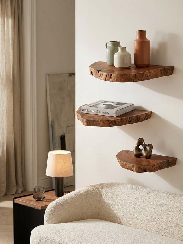 KADIMA DESIGN Wandregal Wandregal 3er Set Akazie Vollholz Hängeregal Baumscheibe, Natur, Blumentreppe Baumstamm Modern, Pflanzentreppe für die Wand, Schweberegal Hängend mit Baumkante