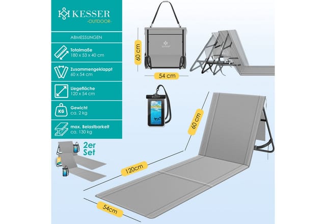KESSER Gartenliege Strandmatte klappbar mit verstellbarer Rückenlehne max. 130 kg, 2 St., Strandliege mit Tragegurt, wasserdichter Handyhülle & Tragetasche, Sonnenliege faltbar für Strand, Garten & Terrasse Liegematte