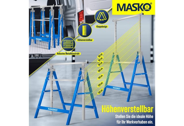 MASKO Klappbock Teleskop-Arbeitsbock Untergestell Sägebock max. Belastbarkeit 200 kg, (2-St., Gerüstbock inkl. Handschuhe), Unterstellbock höhenverstellbar Min. / Max. Arbeitshöhe 800-1300 mm