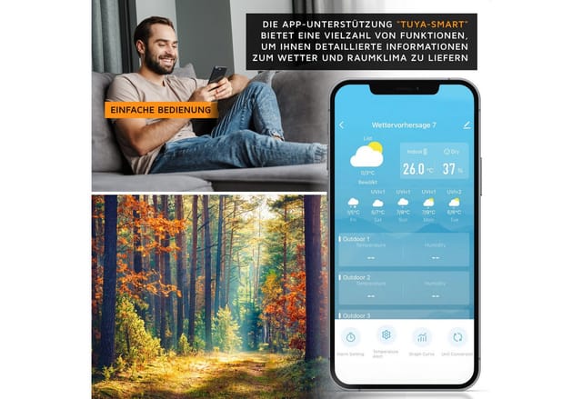 Brandson Funk mit Außensensor, Funkwetterstation, Wlan/WIFI, App Wetterprognose Wetterstation (mit Außensensor, Farbdisplay, UV-Index, Barometer, Luftfeuchtigkeit, Wecker)