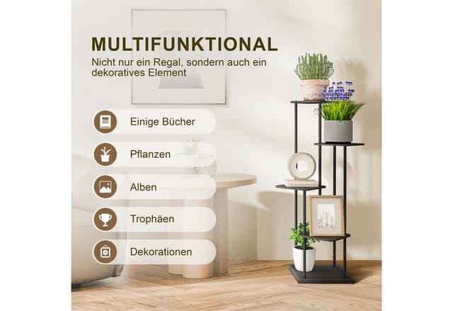 Ribelli Pflanzentreppe 5 Etagen Pflanzenständer, Blumenständer 106cm Höhe, Blumenregal aus Holz und Metall, Deko für Balkon Garten Wohnzimmer