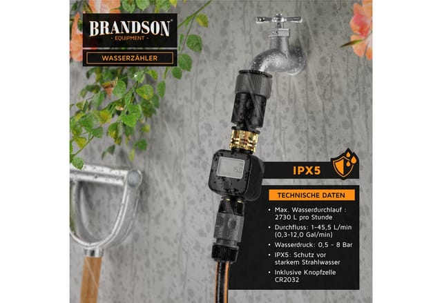 Brandson Wasserzähler Wassermengenzähler digital 3/4 Zoll, Wasseruhr Garten Durchflussmesser, Display, 4 Modi, Liter/Gallone, Sleepmodus, IPX5, Batterieanzeige