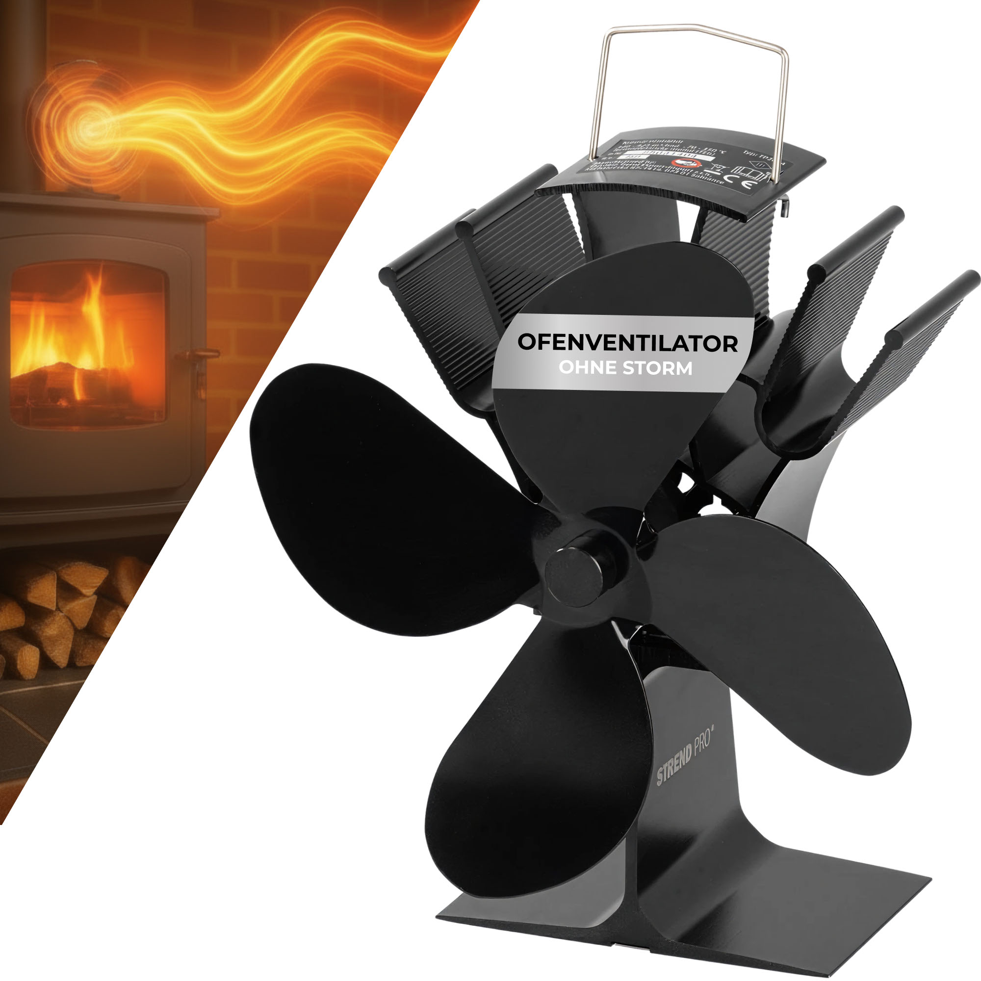 Ventilator Strend Pro, Kamin, Stand, Wärmebetrieben, 4-flügelig, Schwarz