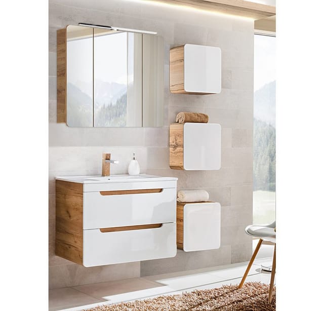 Lomadox Badmöbel-Set LUTON-56, (Spar-Set, 5-St), weiß mit Wotan Eiche Nb. mit LED-Spiegelschrank 130/200/46 cm