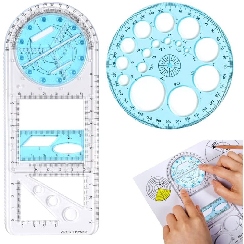 Multifunktionales Geometrisches Zeichenlineal Aus Kunststoff Für Schule Und Büro. Inklusive 1 X 360°-kreisschablone.