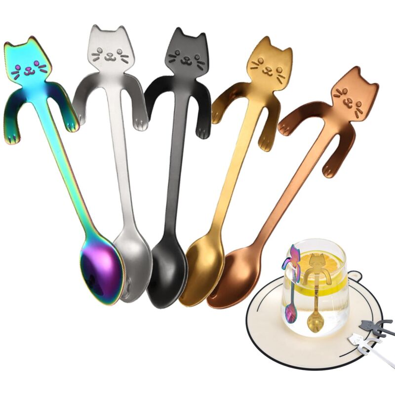 5-teiliges Set Kaffeelöffel Aus Edelstahl In Katzenform, Hängendes Kätzchen-design, Für Milchshakes, Desserts Und Kaffee (5 Farben)