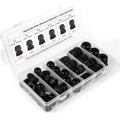 Kabelverschraubung, Packung Mit 34 Wasserdichten Kunststoff-kabelverschraubungen, Pg7, Pg9, Pg11, Pg13,5, Pg16, Pg19
