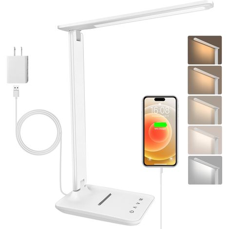 Led-schreibtischlampe Mit Netzteil, Faltbare, Dimmbare Nachttischlampe Mit 5 Farbmodi Und 5 Helligkeitsstufen, Usb-ladeanschluss, Zum Lesen Und Arbeiten (weiß – Mit Netzteil) [energieklasse
