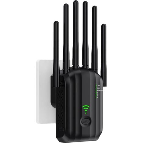 Wlan-repeater, Wlan-verstärker, Wlan-repeater, 6 Antennen, 2 Lan-anschlüsse, Wlan-extender, Router-/repeater-/ap-modus, 360°-rundumabdeckung, Reichweite Bis Zu 300 M², Einfache Installation (schwarz)