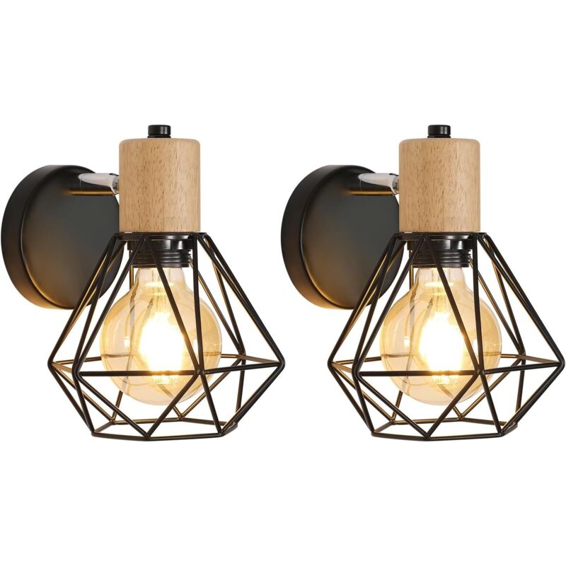 Set Mit 2 Vintage-wandleuchten Im Industriestil, 360° Verstellbare Holzwandlampen, E27-käfigwandleuchten Aus Metall Und Eisen Für Schlafzimmer, Flur, Wohnzimmer, Max. 60 W, Schwarz
