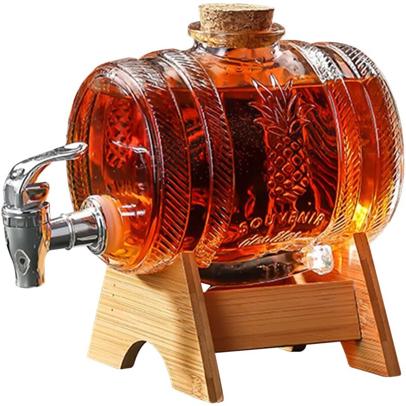 Fassförmiger 1-liter-getränkespender, Whiskykaraffe Für Spirituosen Mit Zapfhahn, Transparenter Spender Mit Holzständer Für Wein, Whiskyfass, Limonade (js-1) (a) (a)