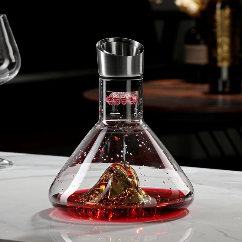 Iceberg Rotweinkaraffe Mit Belüfter, Kristallglas, 1500 Ml, Edelstahl, Tropffreier Ausguss Mit Integriertem Belüfterfilter, Weihnachtsgeschenk (gold)