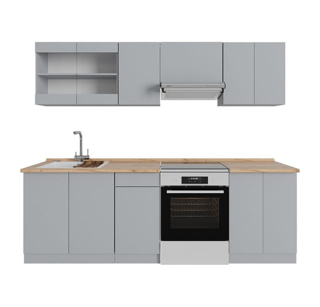 Vicco Küchenzeile R-Line, Grau/Goldkraft Eiche, 240 cm, AP Eiche