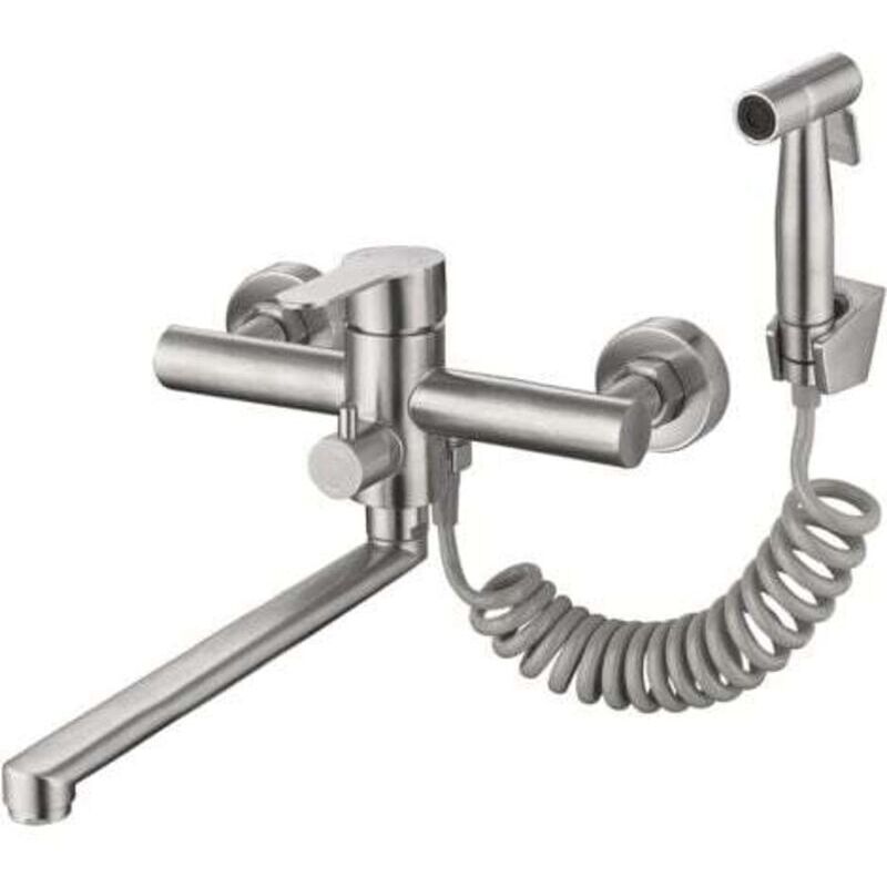 Küchenarmatur Zur Wandmontage Aus Gebürstetem Nickel Mit Seitlicher Brause – Gewerbequalität, Bleifrei, 30,5 Cm Auslauf, Spülbeckenarmatur