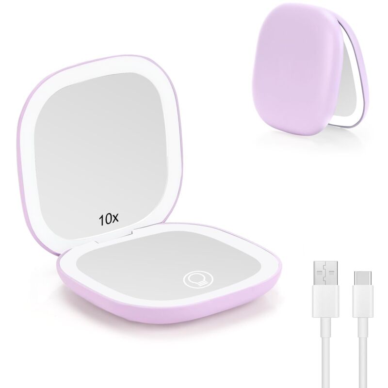 Led-vergrößerungsspiegel, 1x/10x Taschenspiegel, Usb-ladefunktion, 3 Einstellbare Leuchten, Faltbarer Magnetschalter, Tragbare Reiselupe (lila)