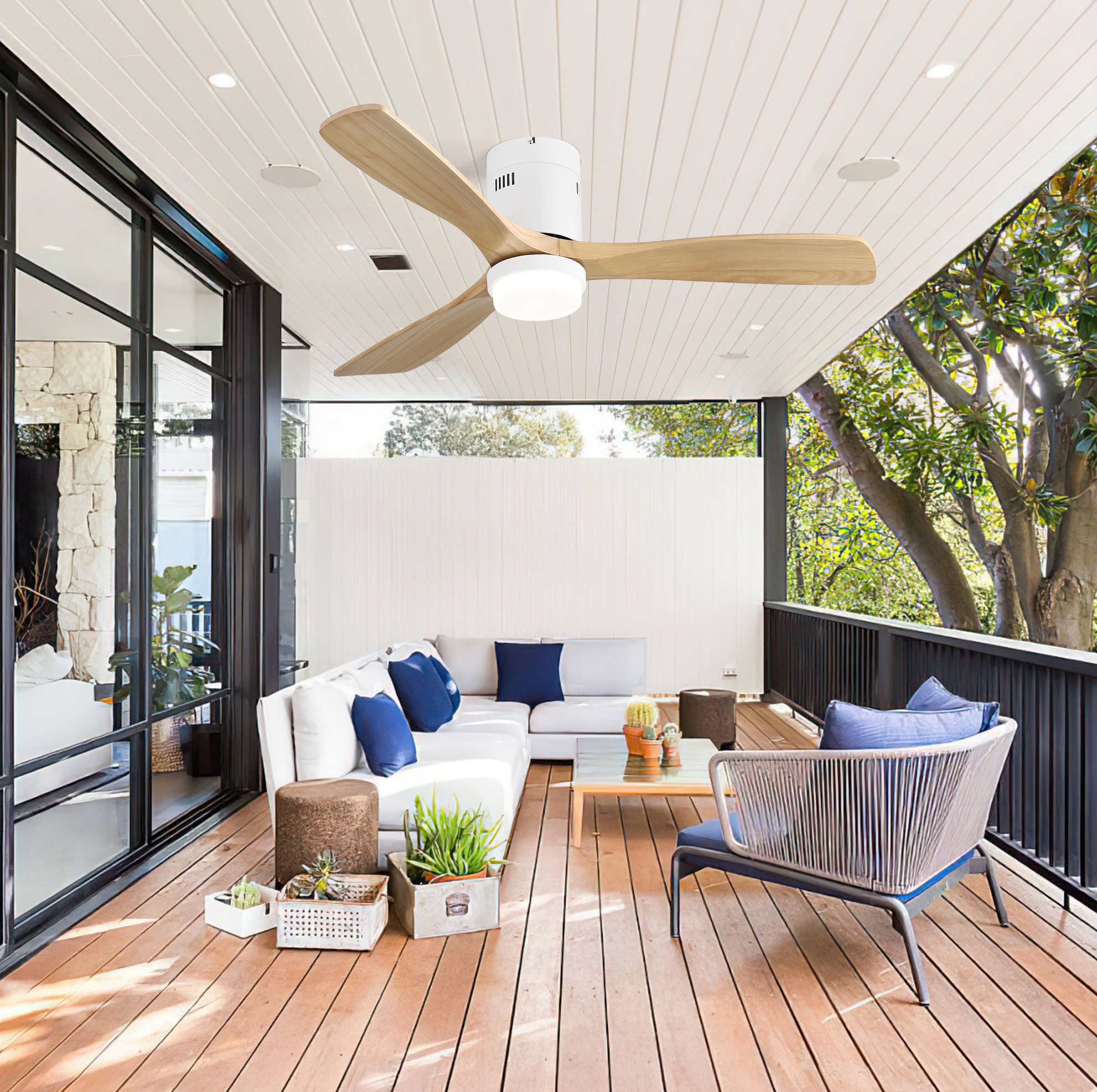Deckenventilator 132 Cm Weiß Aus Metall Und Holz Mit Led-licht Und Leisem Reversierbarem Dc-motor