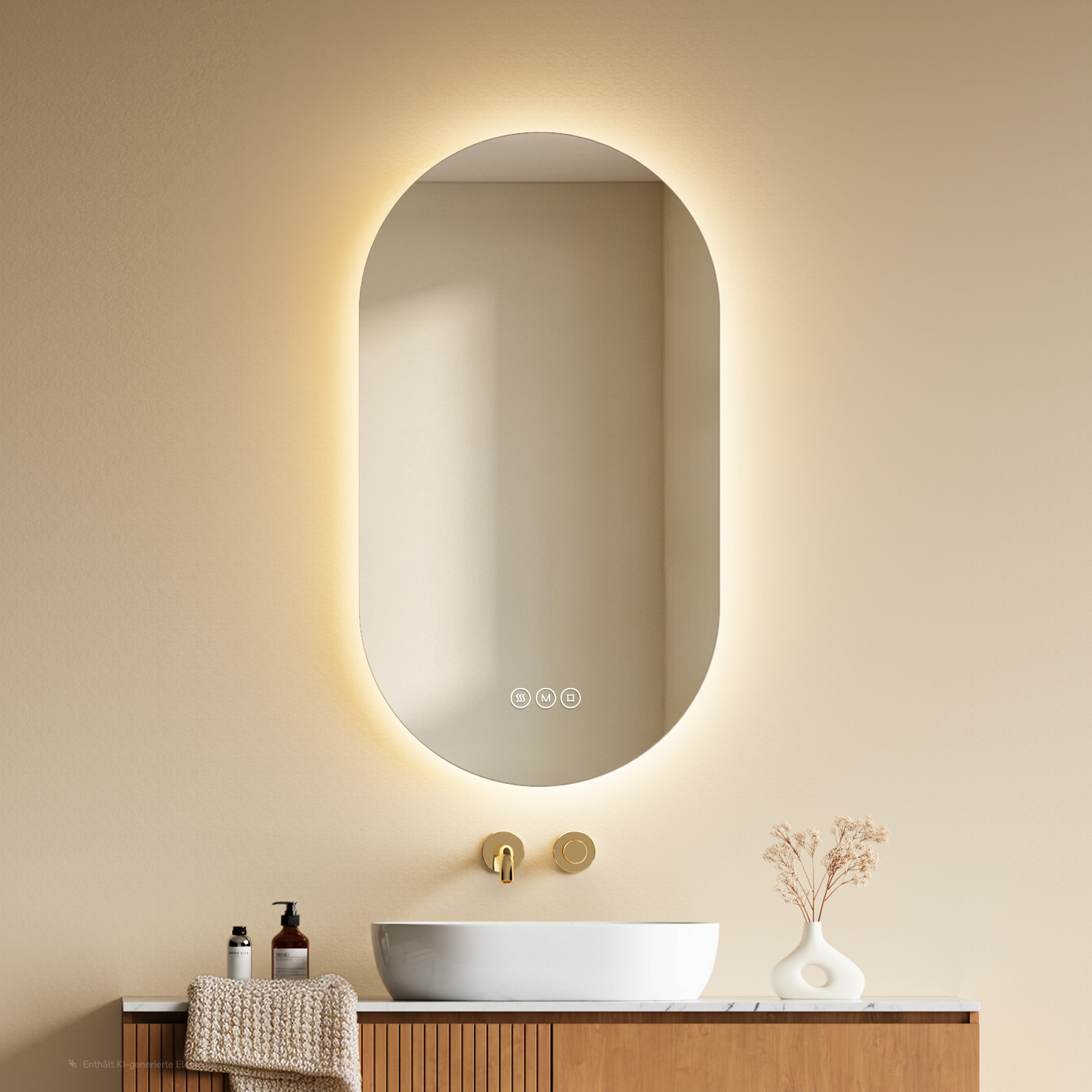 Emke Led Badezimmerspiegel 75 X 45 Cm In Ovaler Kapselform, Badspiegel Mit Beleuchtung, Antibeschlag, Dimmbar, 3 Lichtfarben