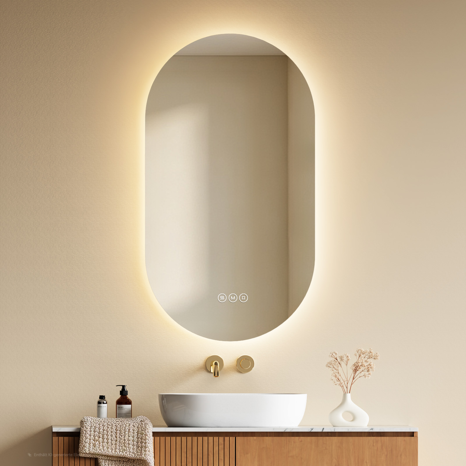 Emke Led Badezimmerspiegel 90 X 50 Cm In Ovaler Kapselform, Badspiegel Mit Beleuchtung, Antibeschlag, Dimmbar, 3 Lichtfarben