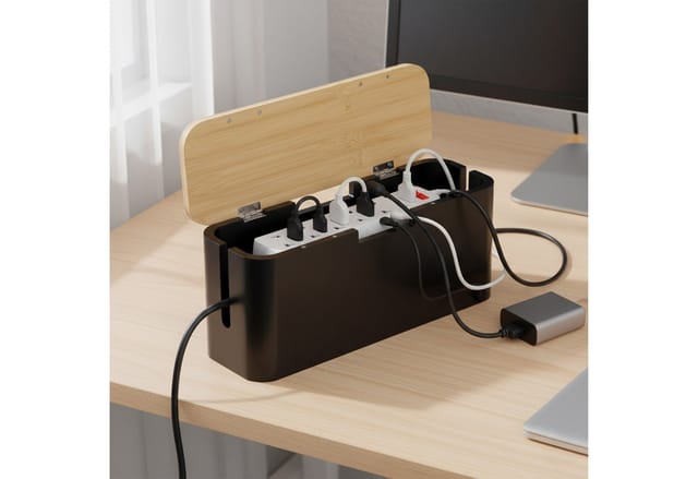relaxdays Kabelbox aus Bambus, Natur-Schwarz