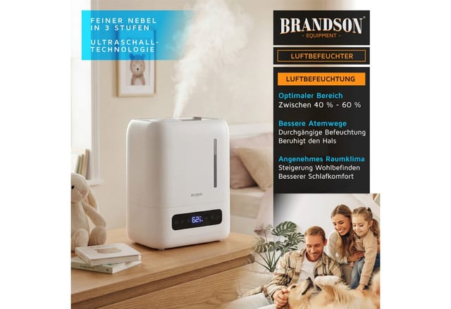 Brandson Luftbefeuchter 4 Liter mit Fernbedienung, Ultraschall, Digital Display, Schlafmodus, 4 l Wassertank, UV Entkeimung, Aroma Fach, für Wohn- und Schlafzimmer, Yoga, Spa