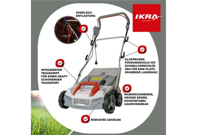 ikra GmbH Elektro-Vertikutierer IEVL 1838, 38 cm Arbeitsbreite, (inkl. Walzen & Fangkorb), 2in1 Gerät, 1.800 Watt, werkzeugloser Walzenwechsel