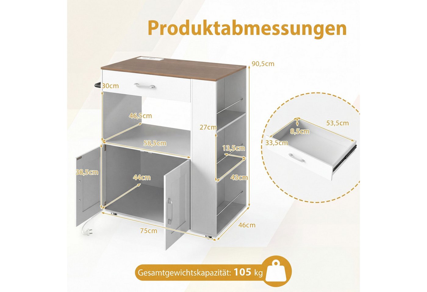 COSTWAY Küchenwagen, Mit integrierte Ladestation, beidseitig offenes Fach Bild 4