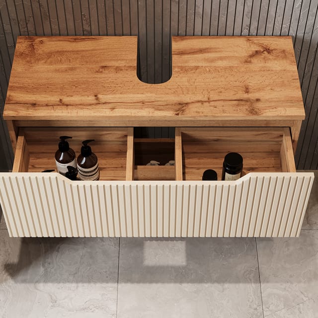 Vicco Waschbeckenunterschrank Lotta, Eiche/Kaschmir gestreift, 79.6 x 62.5 cm mit 2 Schubladen (1-St)