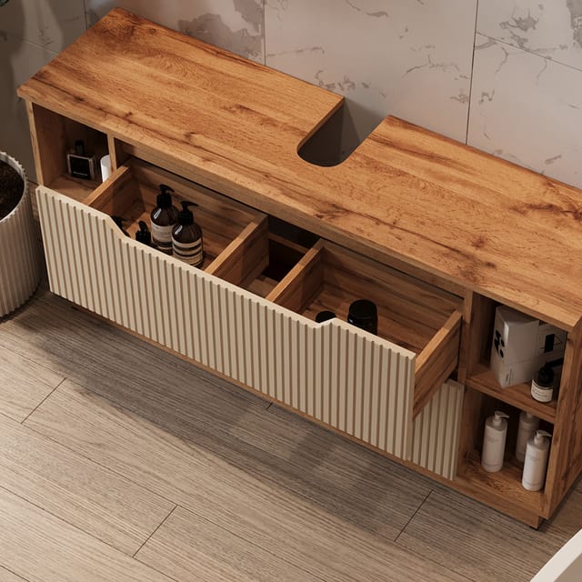 Vicco Waschbeckenunterschrank Lotta, Eiche/Kaschmir gestreift, 119.2 x 62.5 cm mit 2 Schubladen (1-St)