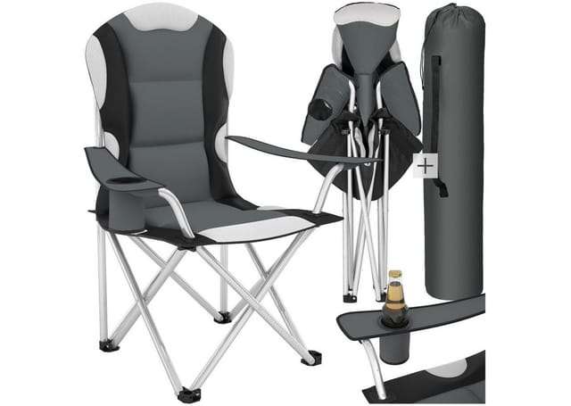 tectake Campingstuhl (Outdoor Balkonstuhl für Außen in Grau, 1 St), gepolstert, mit Getränkehalter, geringes Gewicht, inkl. Tragetasche