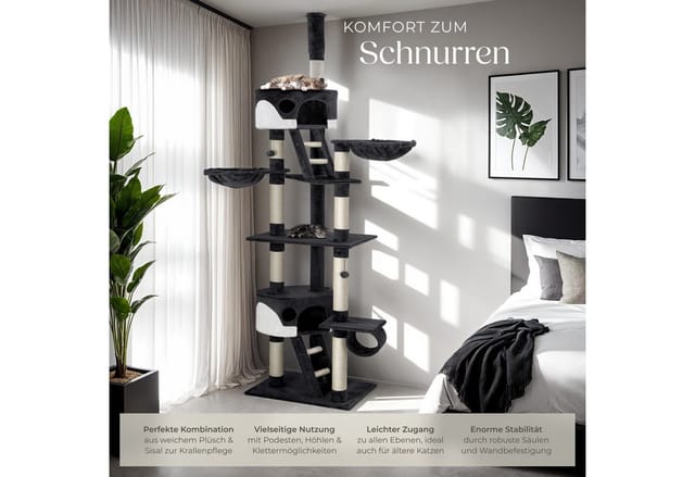 tectake Kratzbaum Katzenbaum Hansi 260 cm - Diverse Farben - Schwarz-Weiß, Vielseitig mit robusten Sisalstangen und Plüschoberfläche