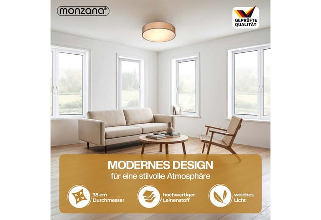 monzana Deckenleuchte Deckenleuchte, Leuchtmittel nicht inklusive, Deckenlampe Stoff Taupe 38 cm Modern E27 Rund 2 Flammig Deckenleuchte
