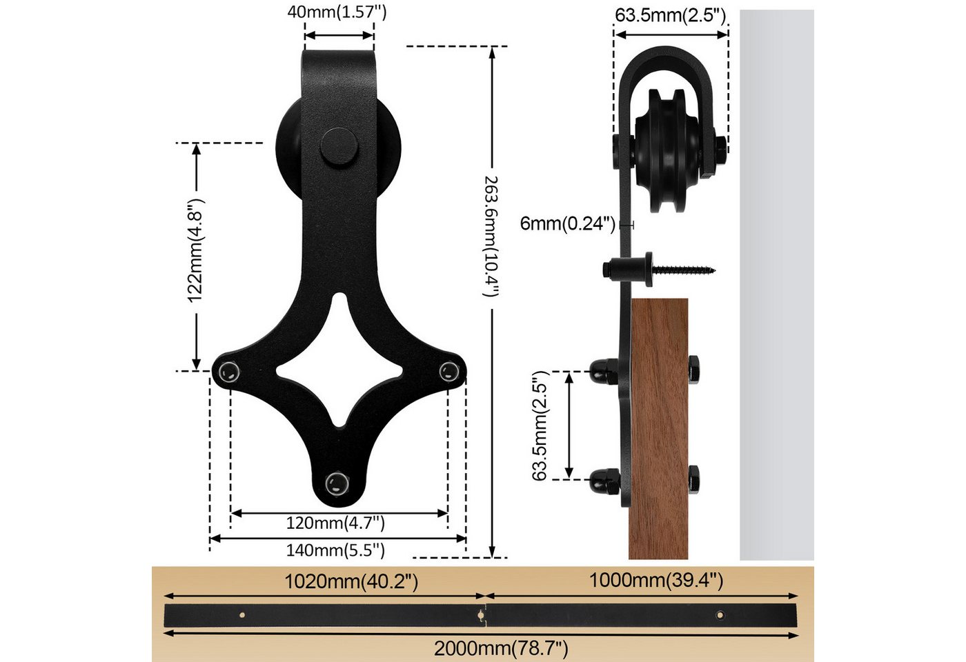 Clanmacy Schiebetür Schiebetür 200cm Schiebetürsystem Laufschiene Schiebetürbeschlag Set, 200cm Bild 5