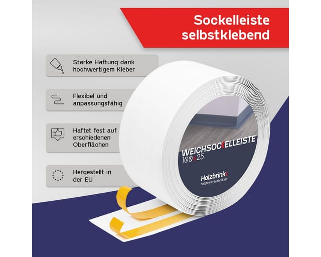 HOLZBRINK Sockelleiste HOLZBRINK selbstklebend PVC 100x25mm, 1 m, L: 100 cm, 1m Rolle, Küchenleiste Abschlussleiste für Badezimmer Farbe: Weiß