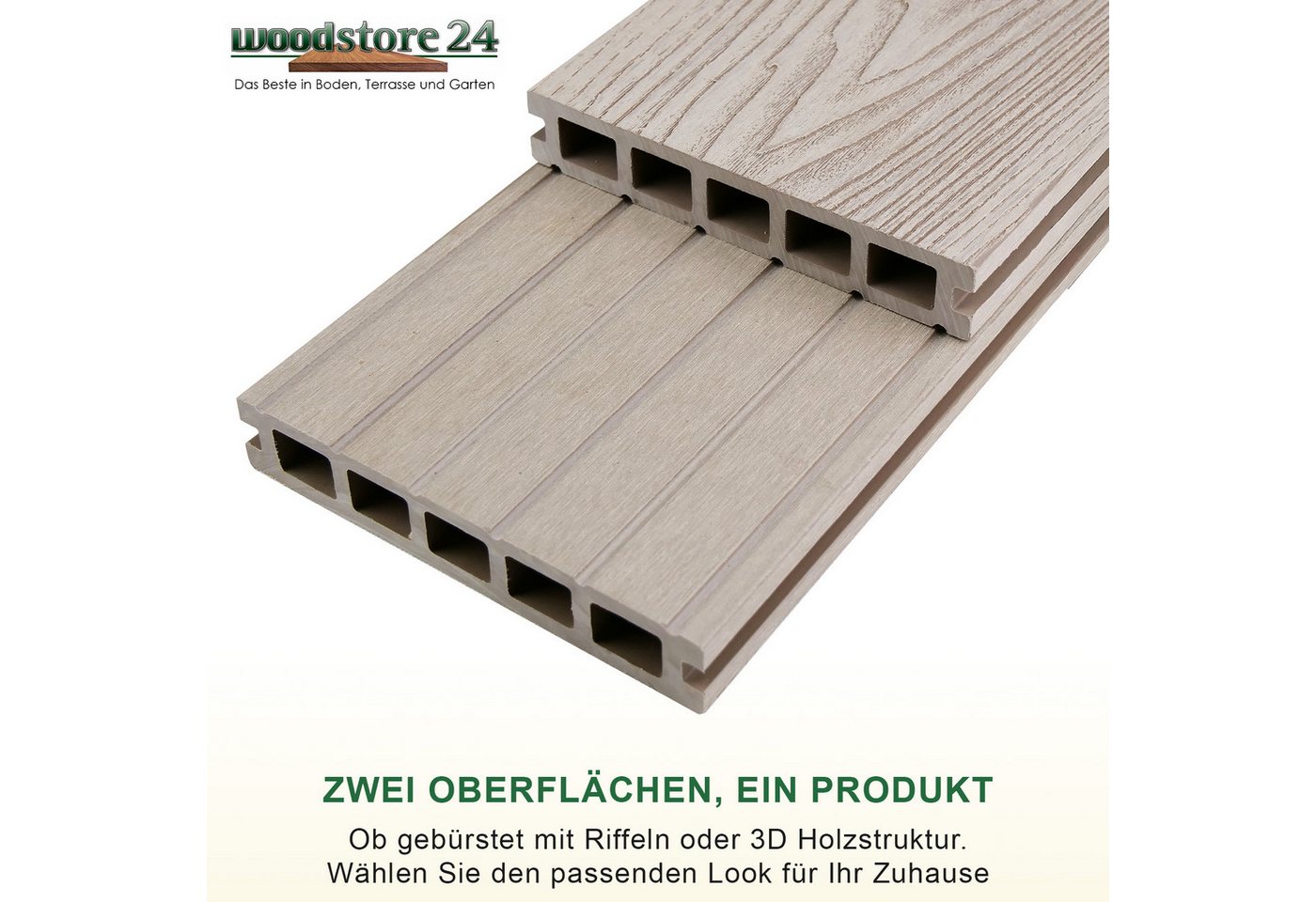 Woodstore24 Terrassendielen WoodoMykonos WPC Hohlkammerdiele in 3D-Holzoptik grau, (2,4m L x 14,5cm B x 2,5cm Stärke, Bodenbelag Komplettset mit Unterkonstruktion), Holzoptik, Klicksystem, Außenbereich, Gastronomie geeignet, wetterfest Bild 3