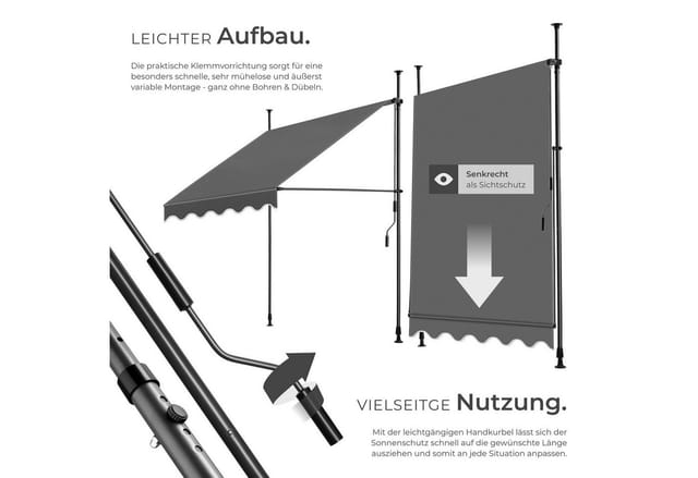 tectake Klemm-Senkrechtmarkise Balkonüberdachung, UV-beständig und wasserabweisend mit Handkurbel (Komplettset, einfache Montage ohne Bohren) höhenverstellbar 211 - 304 cm für Terrasse, Balkon & Garten