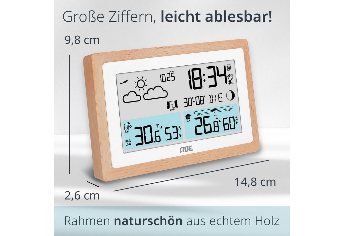 ADE Wetterstation mit Außensensor und Netzteil Funkwetterstation (Außensensor, Netzkabel, Wettervorhersage, Funkwecker, Kalender, Lüftungsempfehlung)