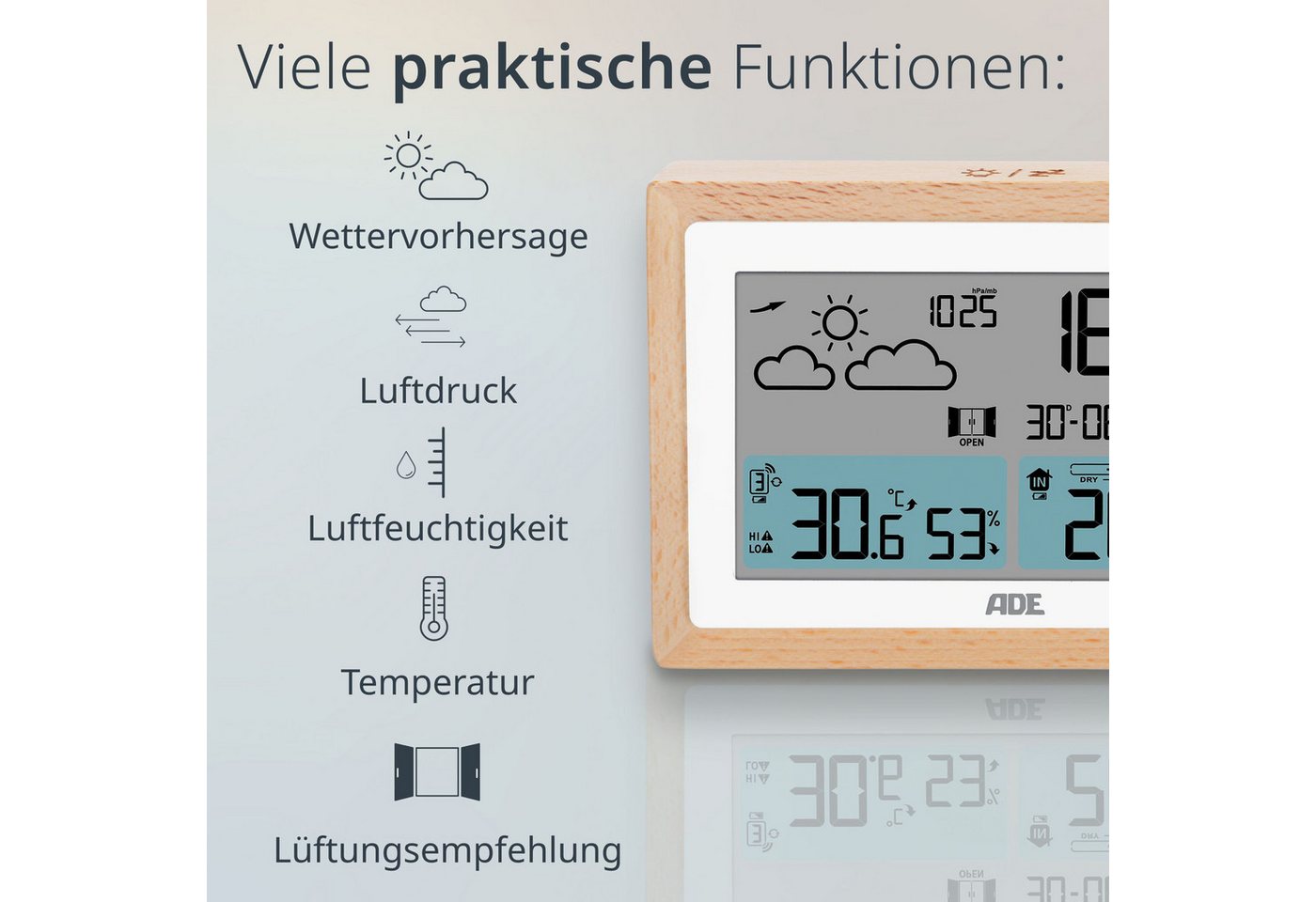 ADE Wetterstation mit Außensensor und Netzteil Funkwetterstation (Außensensor, Netzkabel, Wettervorhersage, Funkwecker, Kalender, Lüftungsempfehlung) Bild 2
