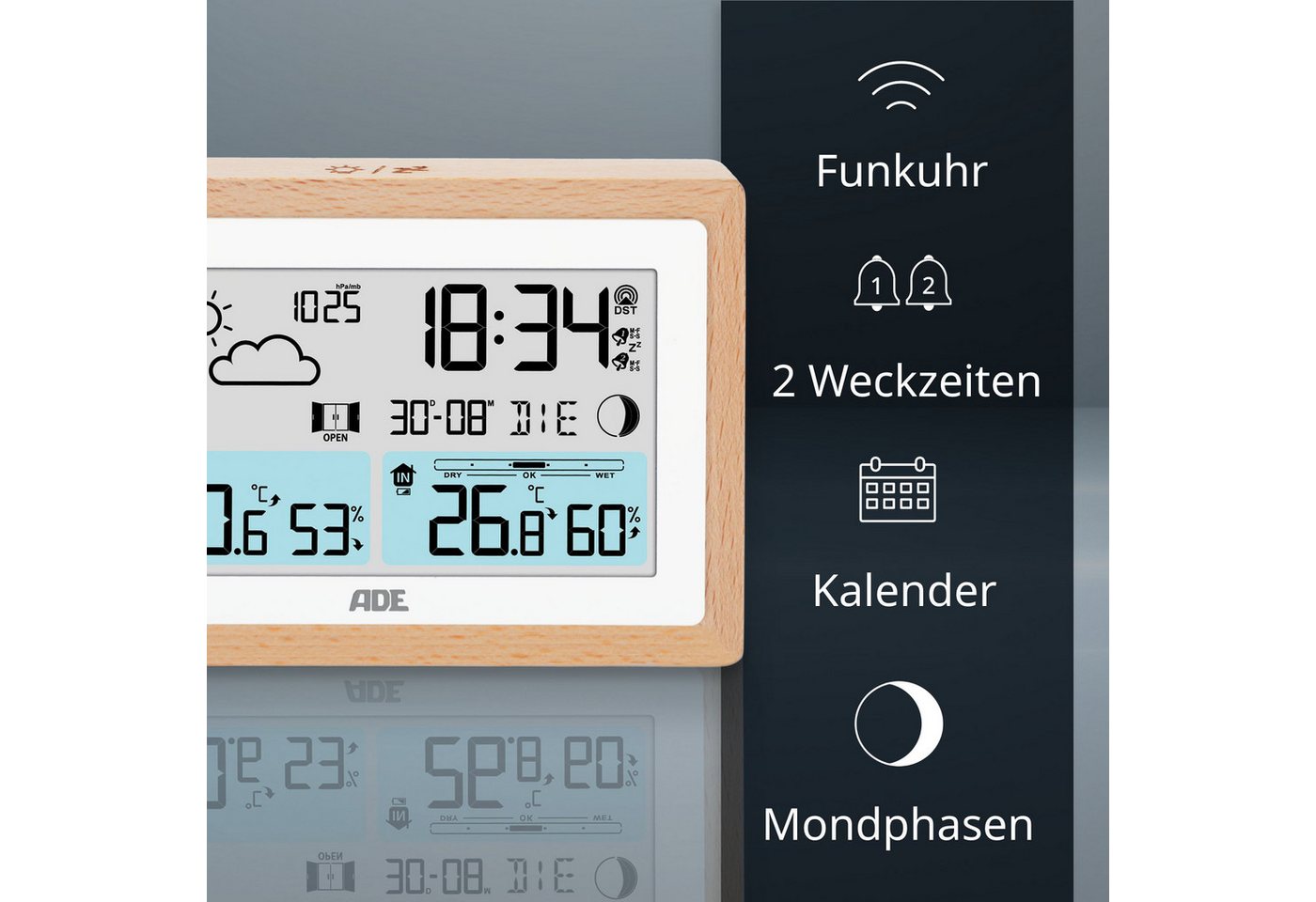 ADE Wetterstation mit Außensensor und Netzteil Funkwetterstation (Außensensor, Netzkabel, Wettervorhersage, Funkwecker, Kalender, Lüftungsempfehlung) Bild 4