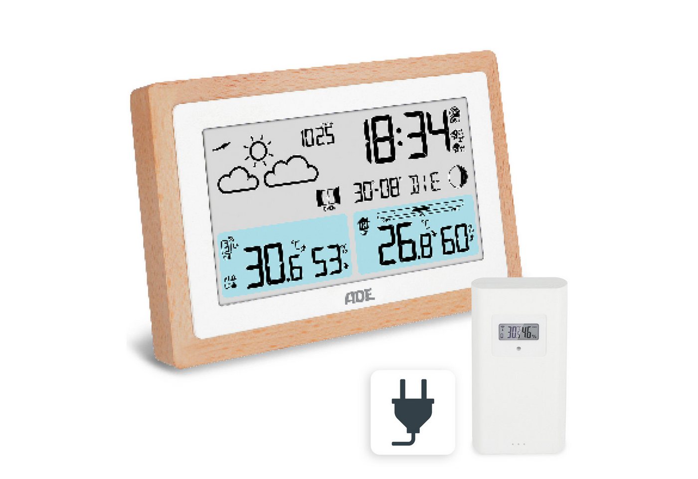 ADE Wetterstation mit Außensensor und Netzteil Funkwetterstation (Außensensor, Netzkabel, Wettervorhersage, Funkwecker, Kalender, Lüftungsempfehlung) Bild 5