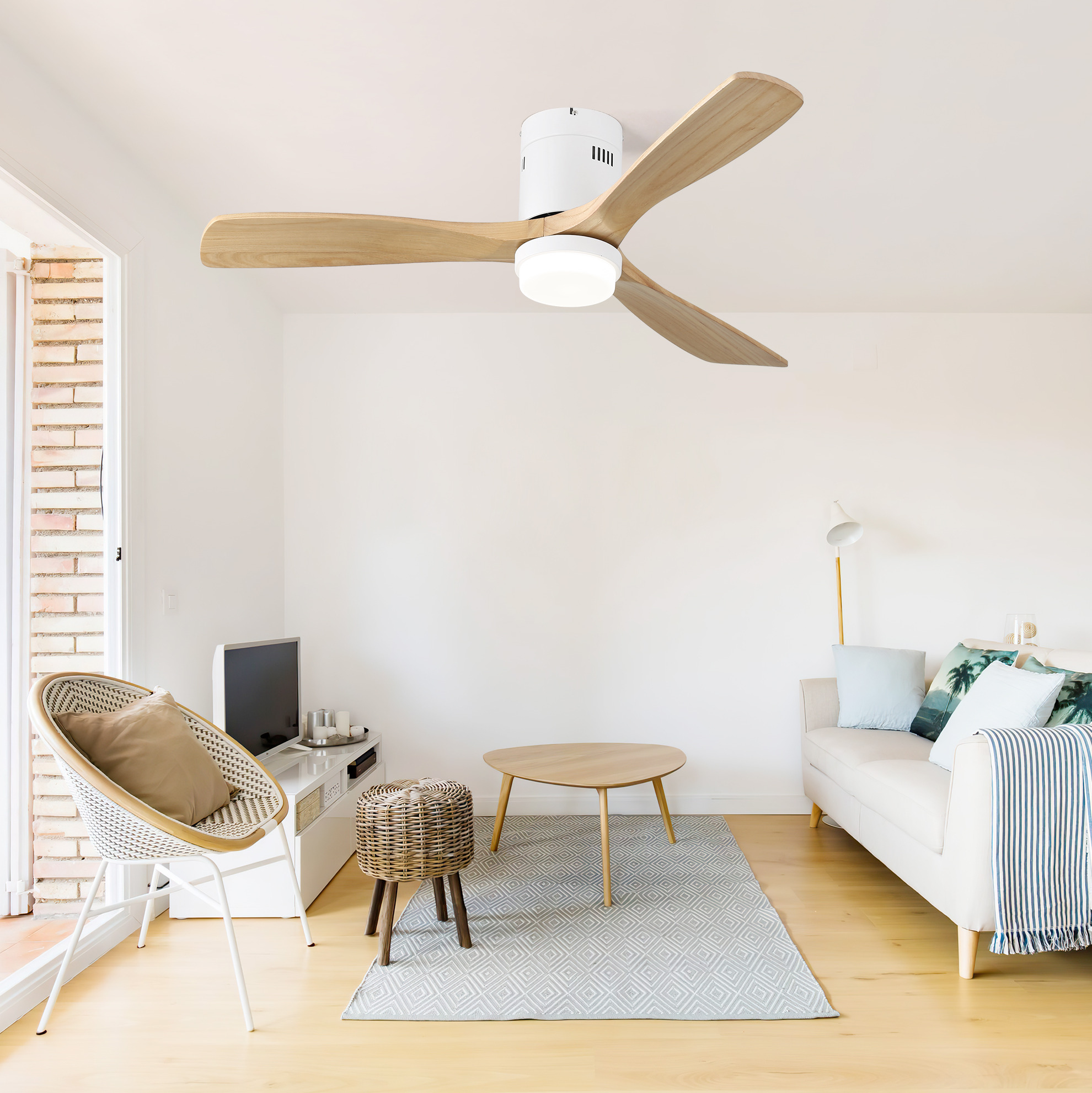 Ventilator Deckenventilator Ø132 Cm Mit 18 W Led, Reversiblem Dc-motor, 6 Stufen, Leise 35 Db, 3 Fluegel Aus Massivholz