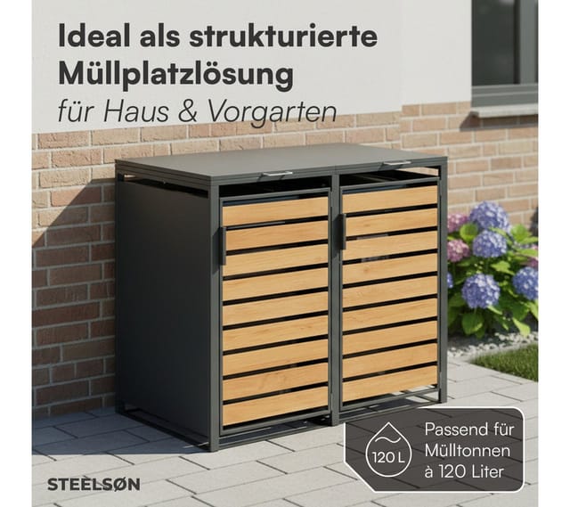 STEELSØN Mülltonnenbox Kestra 120L aus verzinktem Stahl (Anthrazit/Holz, Für 2 Tonnen), verfügbar mit 1, 2, 3, 4 oder 5 Türen, mit Sichtstreifen Holzoptik