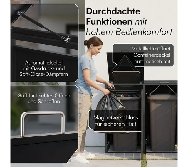 STEELSØN Mülltonnenbox Kestra 120L aus verzinktem Stahl (Anthrazit/Holz, Für 4 Tonnen), verfügbar mit 1, 2, 3, 4 oder 5 Türen, mit Sichtstreifen Holzoptik