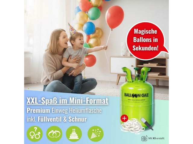 Folat Helium Ballongas Heliumflasche für bis zu 30-60 Luftballons - Helium, für Hochzeit, Geburtstag, Party für bis zu 30 Luftballons mit Zubehör