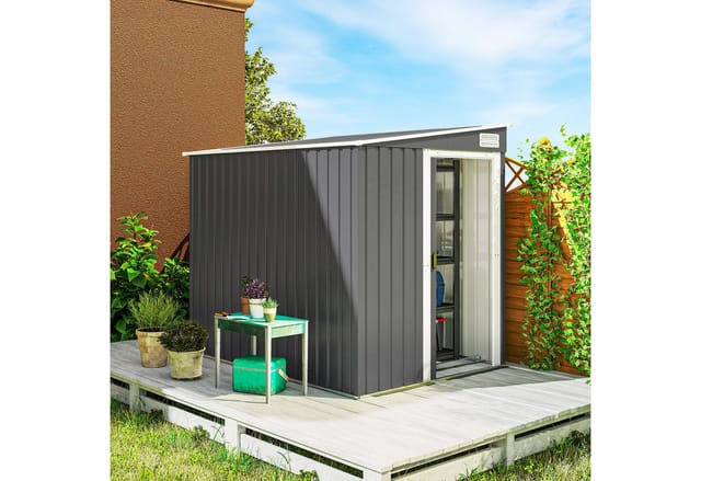 Outsunny Gerätehaus Gartenschuppen aus Metall, BxT: 154x206.5 cm, (Geräteschuppen, 1 St., Gartenhaus), Schiebetür, Belüftung, Stahl, Regale, Dunkelgrau