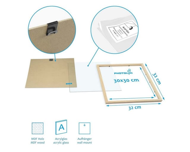 PHOTOLINI Bilderrahmen Sets quadratisch 30x30 cm aus MDF Holz mit Acrylglas & Zubehör, für 4 Bilder (4er Set), 4er Set Natur mit Passepartouts für Bilder in 20x20 cm