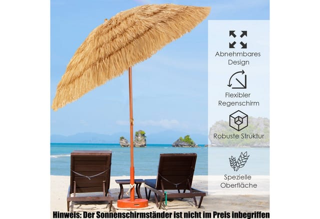 COSTWAY Sonnenschirm, LxB: 175,00x175,00 cm, Strandschirm Reisstroh neigbar