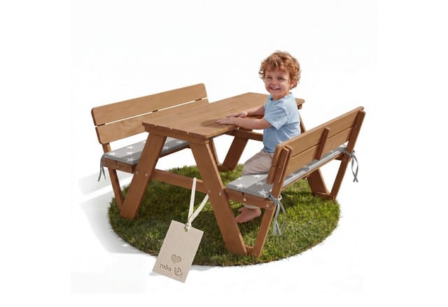 roba® Garten-Kindersitzgruppe Outdoor+, mit 2 Bänken, 1 Tisch "Picknick for 4", aus Massivholz, wetterfest